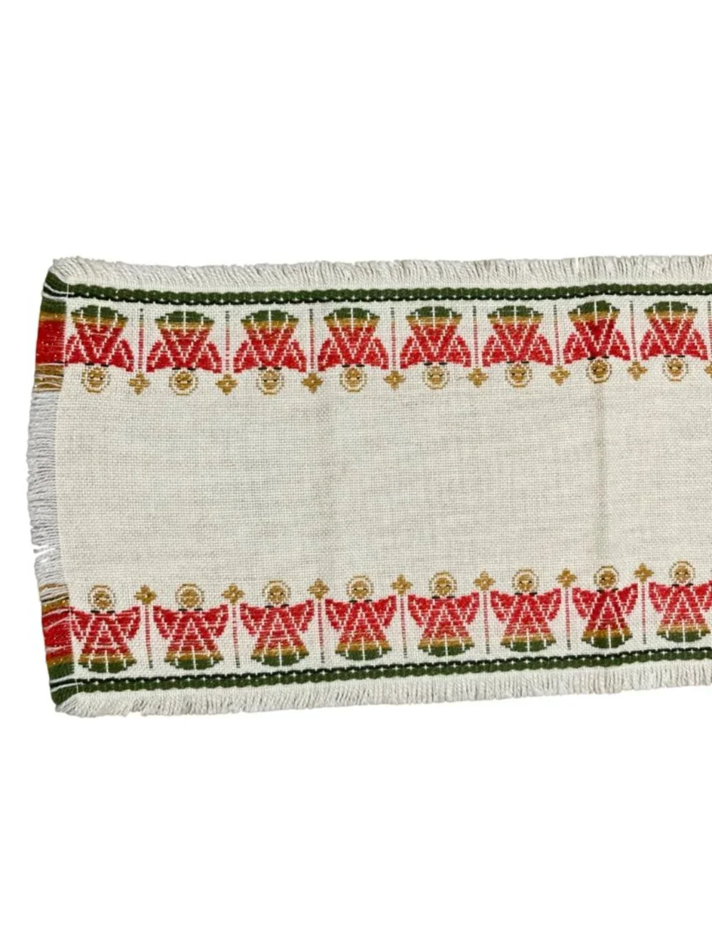 Vintage Handwoven Table Runner With Red & Green Angel Motif 40